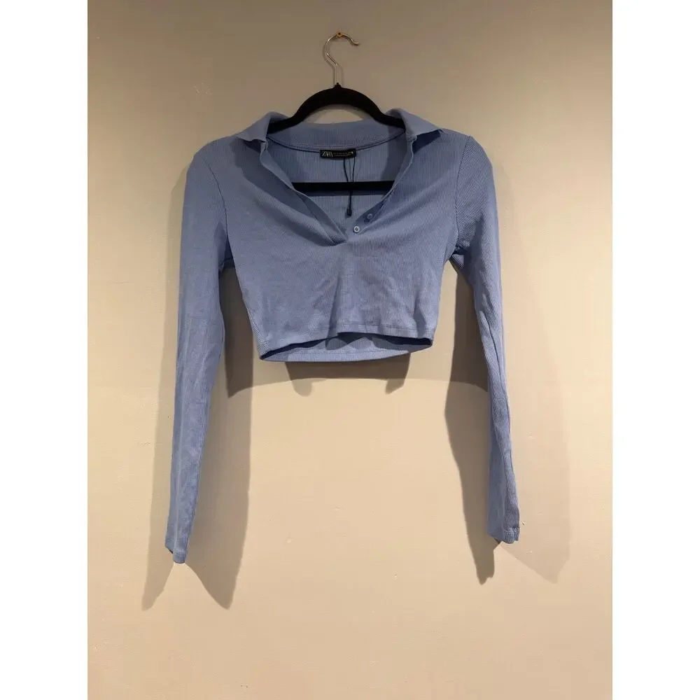 ZARA Ribbed Collared Long Sleeve Cropped Top - Picture 1 of 4